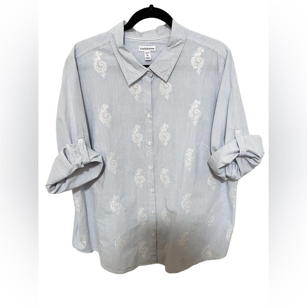 Croft & Barrow 2X Embroidered Roll Cuff Button Shirt Stripe Cotton Coastal